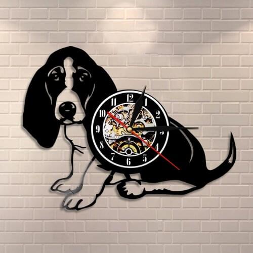 Dog Breed Pedigree Canine Animal Pet Puppy Basset Hound Wall Clock Vinyl Record Clock Decorative Vintage Clock Doggy Clock Gift