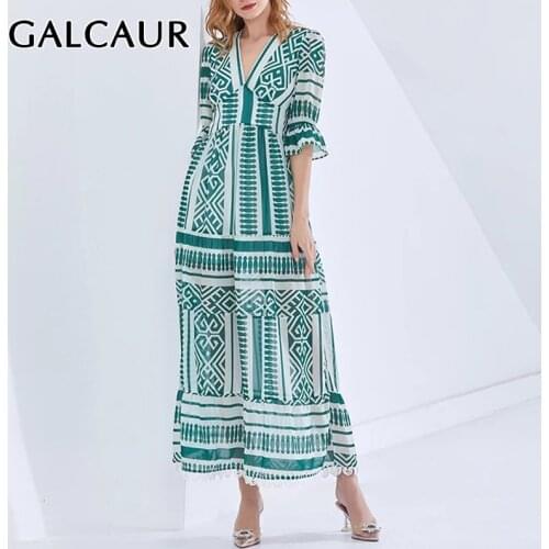 GALCAUR Print Dress For Women V Neck Flare Half Sleeve High Waist Hit Color Loose A Line Mid Dresses Female 2021 Spring Clothing