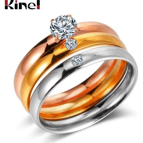 Kinel Hot Zircon Wedding Ring Sets High Quality Stainless Steel Fashion 3 Colors Ring For Womne Bride Bridesmaid Gifts