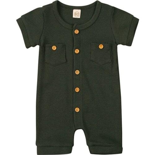 Infant Baby Boys Girls Rompers Summer Toddlers Solid Color Short Sleeve Round Neck Single-breasted Jumpsuit Casual Baby Clothes