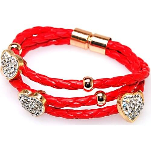 Miasol Triplex Row Red PU leather bracelets,Heart charm bracelets Micro Pave CZ Disco heart,fashion bracelet red 51024