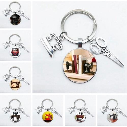 Fashionable New Sewing Machine Keychain with Scissors and Iron Pendant Keychain, Designer Keychain, Round Glass Keychain Jewelry