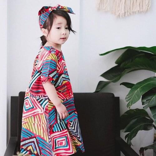 Fashion new 2018 baby Girl Summer Dress+headwear,Girls Children Cotton Linen Striped Princess Dresses Clothing