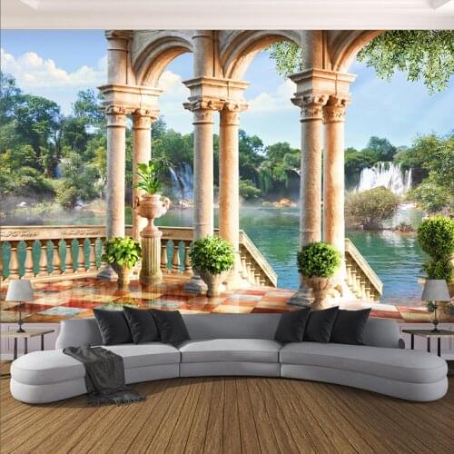Custom Wall Cloth 3D Space Balcony Waterfall Scenery Roman Column Photo Murals Wallpaper Living Room Bedroom Papel De Parede 3 D