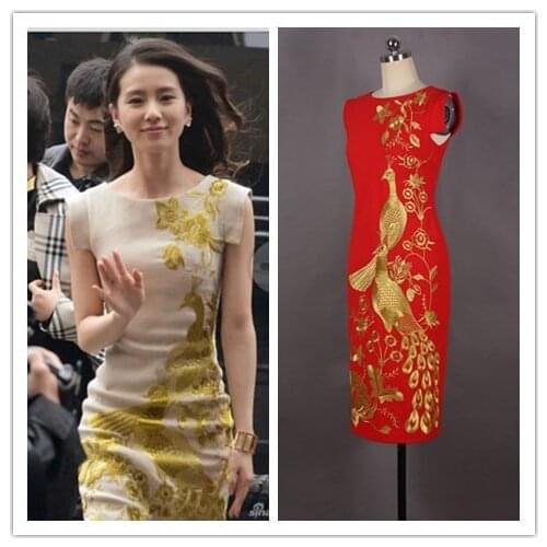 Summer new womens dress Liu Shishi same dress peacock embroidery cheongsam Wedding Toast dress annual meeting Hanfu
