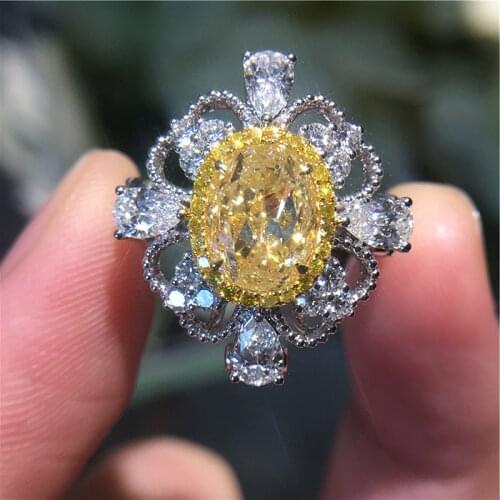 Solid 18K White Gold 3ctw Yellow Moissanite Center 3ct Oval Ice Cut Ring Halo Moissanite Wedding Ring Jewelry For Women