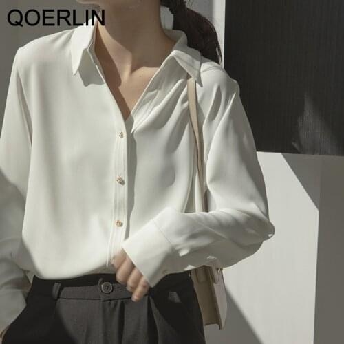 QOERLIN Office Lady White Shirt for Women Blouse Turn-down Collar OL Shirt Female Casual Sexy Deep V Chiffon Blouse Femme Tops