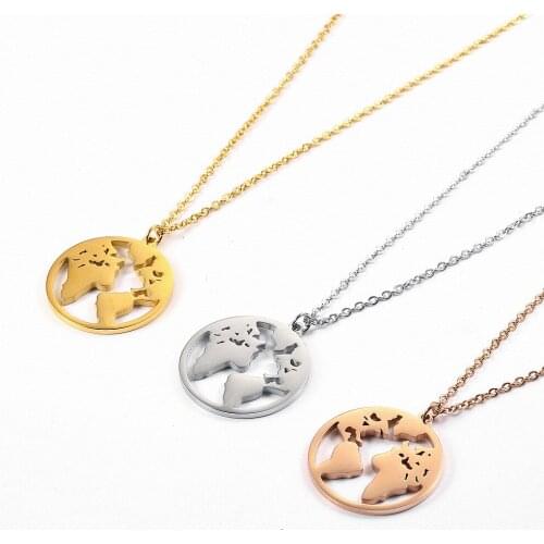Stainless Steel World Map Necklace Globe Earth Continent Pendant Necklaces Bohemia Female Short Chains Collares Jewelry Gifts