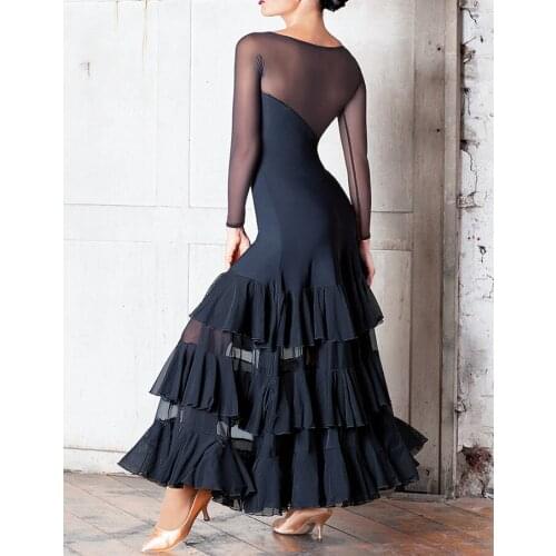 Ballroom dance perspective long dress modern dance lotus long sleeve multi layers tower dress W17001 sweet collar