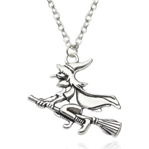 The Witch Riding Broom Necklace Women Vintage Halloween Silver Color Sorceress DIY Chokers Necklaces Pendants For Women Gift