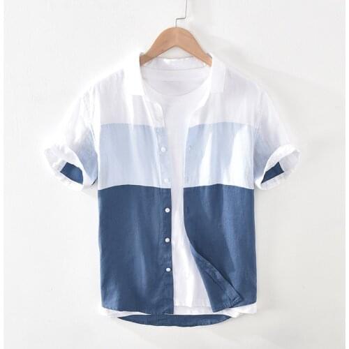 Summer Casual High Quality Harakuju Gradient Patchwork Short Sleeve Shirts Men Thin Loose Breathable Linen Shirt Oversize Boys