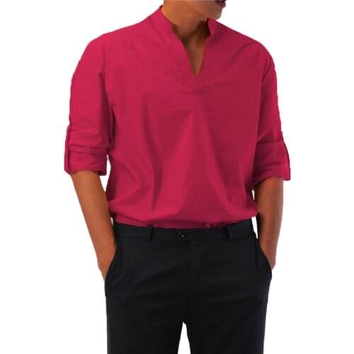 Long Sleeve Male Shirt V Neck Solid Color Stand Collar Men Casual Shirt Streetwear