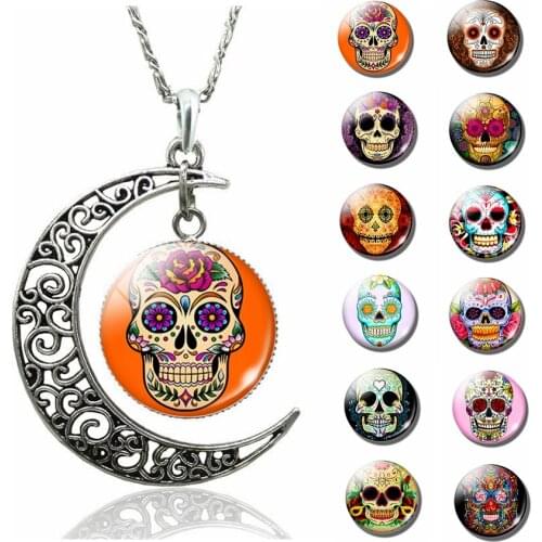 Sugar Skull Day of The Dead Crescent Moon Necklace Pendant Glass Cabochons Jewelry DIY Handmade Women Happy Halloween Gift