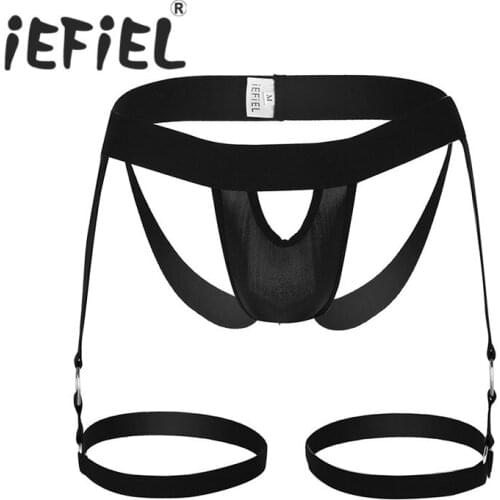 Sexy Male Men Lingerie Sissy Bikini Bulge Pouch Open Butt Jockstrap G-string Underwear Panties with Leg Garters Band and O-rings