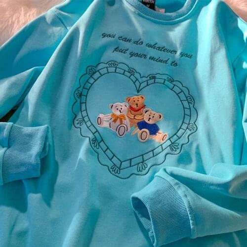 New Cute Letters Bears Embroidery Sweatshirt Vintage Brand Fashion Teens Clothes Long Sleeve Tops Crewneck Sweatshirt Streetwear