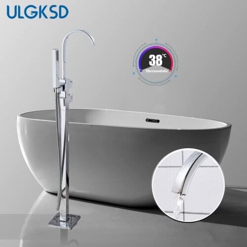 ULGKSD Thermostatic Floor Tub Faucet Single Handle Chrome Brass Waterfall Mixer Water Tap For Bathtub Shower Bath Faucets