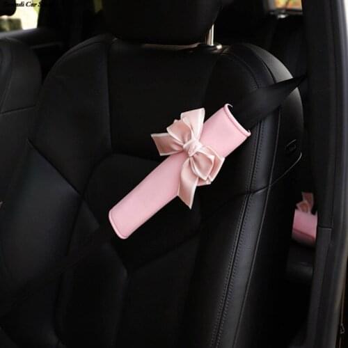 Universal Cute Bow Tie Car Seat Belt Cover Soft Plush Protector Shoulder Pad Styling Car Accessories Pink Princess Bow Decor Car