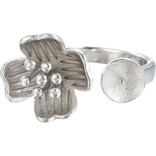 Ring Blank for 8mm-10mm Round Beads or Pearls White Gold Plated 925 Silver Flower Shape Ring Setting Adjustable Ring Base SR0382