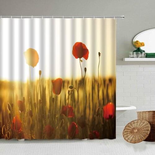 Rural Scenery Shower Curtain Poppies Reed Wheat Sunshine Bathroom Wall Decoration With Hook Waterproof Polyester Curtains Set