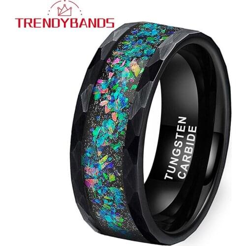 8MM Black Hammered Ring Tungsten Wedding Ring Multi Facet Wedding Band For Men Women With Galaxy Series Opal Inlay Comfort Fit