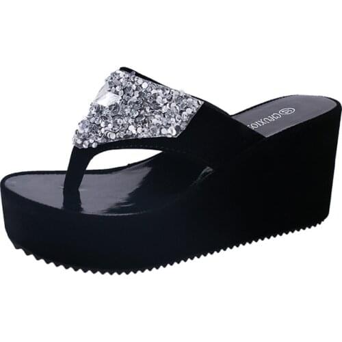 2021Summer Women Rhinestone Sandals New Thick Bottom Clip Toe Womens Slippers Casual High Heel Sandals Black