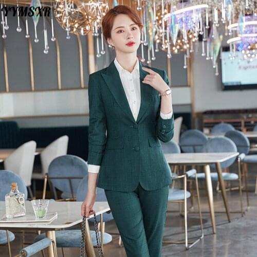 Plus Size Womens Business Suit Two-piece Set Autumn and Winter Temperament Plaid Ladies Long-sleeved Blazer High-waist Trousers