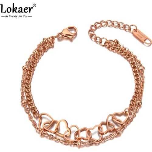 Lokaer Fashion Titanium Steel Double Layer Chain & Link Female Bracelets Bangle Boho Heart Charm Bracelet For Women Girl B20057