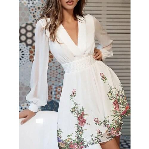 Shein Romwe Y2K Sexy Tropical Floral Print Lantern Sleeve V-Neck Elegance Casual A Line Mini Party Vestidos Dress