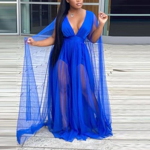 Plus Size Dresses for Women 4XL 5XL Sexy Solid Deep V Neck Mesh Patchwork See Through Floor Length Evening Night Club Vestidos