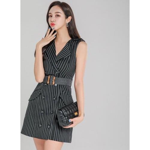 S-XL Big Size Black Striped OL Office Work Dress Woman with Belt Sleeveless Corset Sheath A Line Mini Dress Womens Sundresses