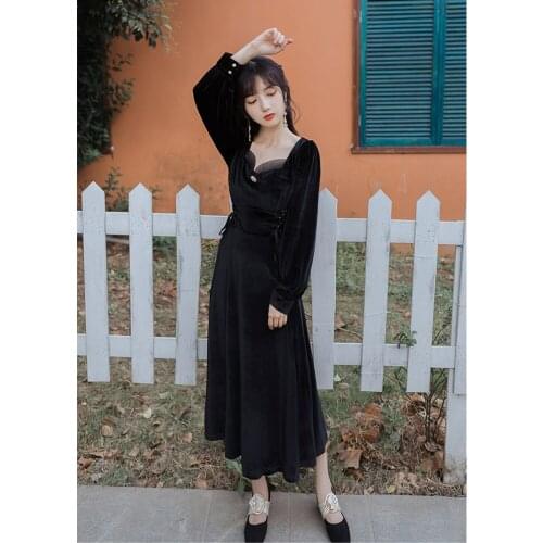 Womens Hepburn Style Black Velvet Dress Autumn 2021 Bow Tie High Waist Slimming Square Neck Long Sleeve Retro French Dresses