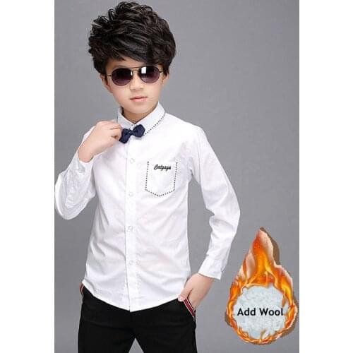 Winter Fleece Shirts for Teenage Boys Cotton Long Sleeve White Button Tops Fashion Autumn Children Clothing Black Letter Shirt