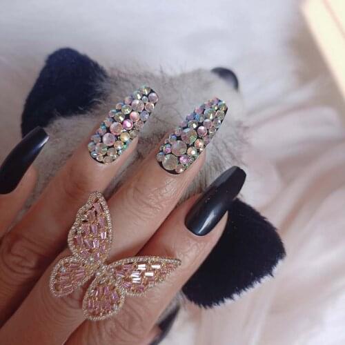 24pcs high-end fashion handmade crystal diamond long flat false nails sexy black