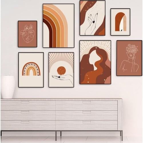 Abstract Rainbow Sun Line Girl Face Hand Wall Art Canvas Painting Nordic Posters And Prints Wall Picture For Living Room Decor