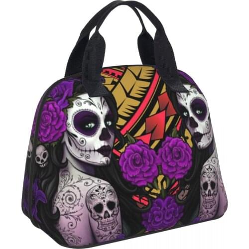NOISYDESIGNS Gothic Girls Skull Lunch Bag Canvas Lunch Box Polynesian Tribal Print Picnic Tote Bento Handbag Container Food Bag