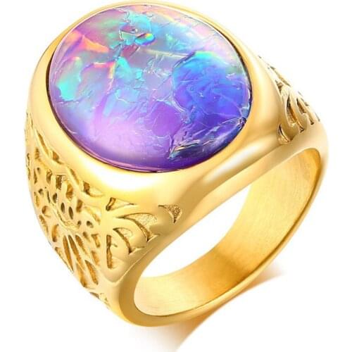 Big Opal gemstones rings for men 18k gold color carving luxury jewelry titanium stainless steel band gifts fashion sizes 7-12