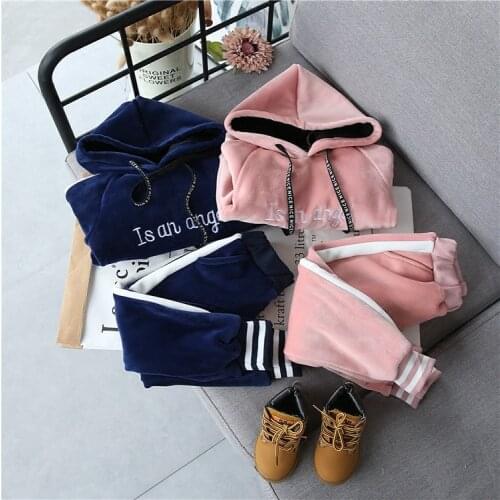 Kids winter clothing set boys girls embroidered letters hooded sweater + pants gold velvet casual suit children thick warm suits