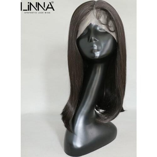 LINNA 16 Inch Black Color Synthetic Hair Lace Front Wigs Natural Black Daily Party Cosplay Wig Heat Resistant Fake Hair Wig