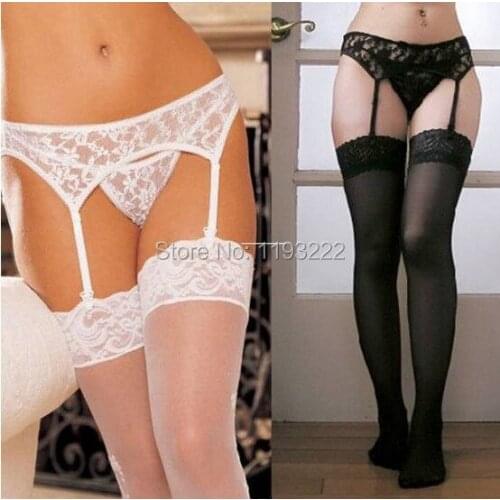 Fashion Sexy Black White Lace Floral Garter Belt +Thongs 4 Suspenders Straps For Stockings Free Shipping