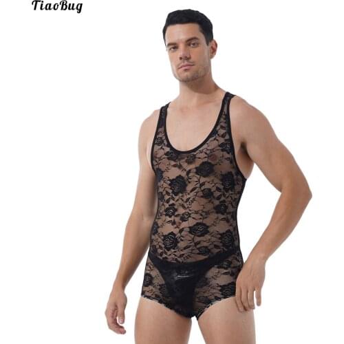TiaoBug Men Flower Pattern Sheer Lace Bodysuit Round Neck Sleeveless Leotard See-Through Skinny Jumpsuits Nightwear