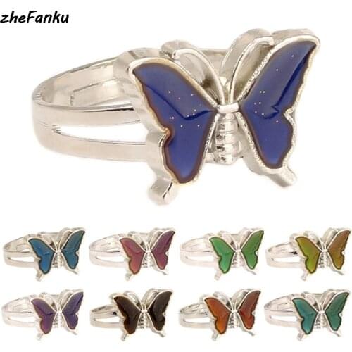 Silver Color Retro Adjustable Mood Rings For Women Temperature Control Color Butterfly Shape Fashion Jewelry Gift