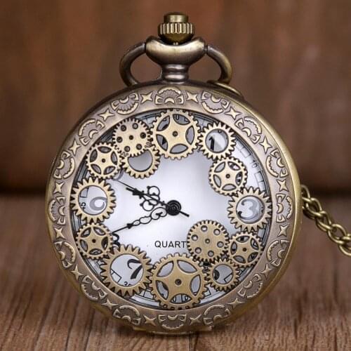 Retro Gear Hollow Bronze Quartz Pocket Watch Vintage Men Women Pendant Necklace Fob Watch Gifts Clock for men women