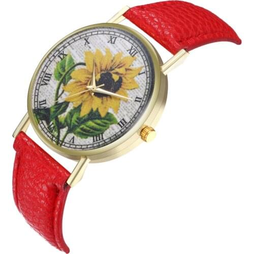 Retro style design sunflower pattern Watch New Trend Belt watch Woman Leather Band Analog Quartz Round Wrist Watch Watches Q
