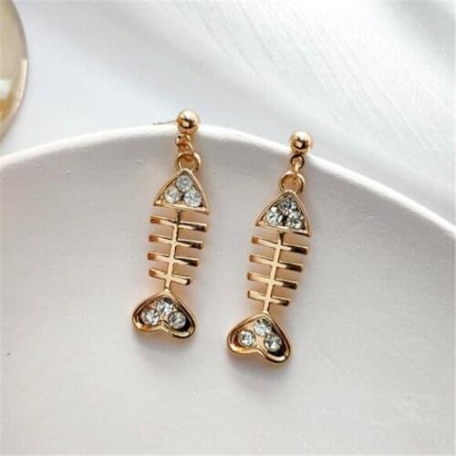 New Trendy Cute Crystal Fish Bone Earrings Punk Hip Hop Women Gold Earrings Accessories Korean Style Female Jewelry