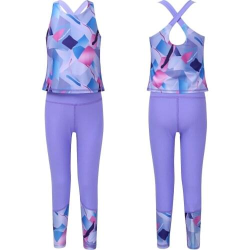 Girls Dance Set Gymnastics Printed Outfit Tank Top with Pants Set for Children Sports Yoga Workout Fitness Summer Dancewear