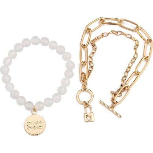 Trend Heart Lock Bracelet Set For Couples Lover Friend Jewelry Heart Lock Charms Frosted Crystal Beads Hand Chain Lover Gift