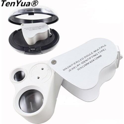 TenYua 30X 60X magnifying glass Illuminated magnifier glass loupe Dual Lens lam Jewelry Appraisal tool with led lights