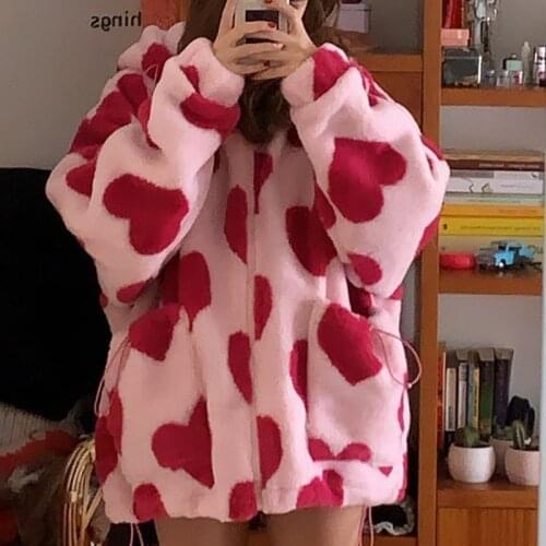 Harajuku Heart Full Print Plush Jacket Women Winter 2021 Korean Large Size Long Sleeve Hooded Cotton Coat Thick Warm Y842