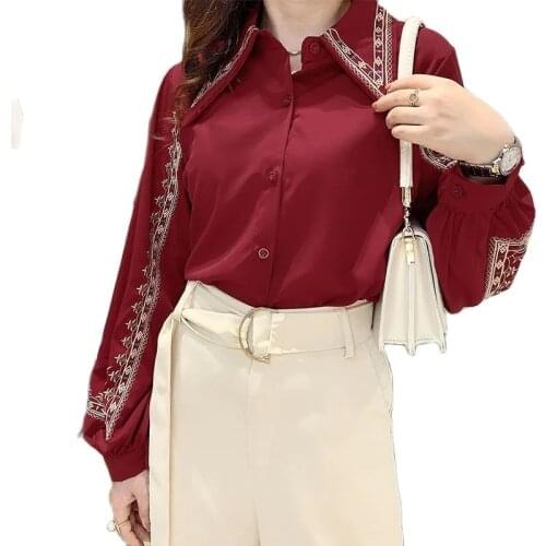 Zadily 2021 Autumn Chic Long Sleeve Floral Embroidery Women Work Shirt Vintage Button Blouse Office Lady Loose Female Clothing