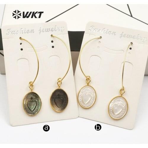 WT-E455 WKT Exclusive natural shell earrings for lady girl oval shape pendant brass hook with gold metal plated dangle earrings